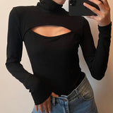 2021 Spring Hollow Out T-shirts Woman Slim Knitted Turtleneck Tops Tee Long Sleeve Sexy Ladies