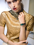 Women Turtleneck Short Sleeve T-shirts Tops Girls Stretchy Shinning Light Fabric Tees T Shirt For