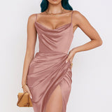 Women Satin Split Dress 2022 Summer Adjustable Strap Swinging Collar Asymmetrical Party Dresses Ladies Backless Club