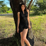 2025 Fashion Trend Women's New Hanging Neck Bare Back Body Solid Color Lotus Leaf Side