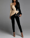 New Women Sexy Colorblock Sequins Velvet Ruched Long Sleeve Jumpsuit Casual Long Skinny Pants Work