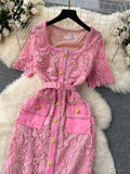 France Senior Vintage Dress Women Square Collar Short Sleeves Belt Pockets Embroidery High Quality Elegant Party