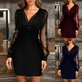 Elegant Sexy Bag Hip Midi Casual Dress Women Black Retro Gazue Sequins Long Sleeved Female Dresses Party Culb
