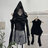 Real Shooting Doomsday Wasteland Wind To Make Old Worn Hooded Long-Sleeved T-Shirt Short High-Waisted Umbilly Top