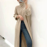 Women Knitted Sweater Spring Autumn Turtleneck Pullovers Loose Fork Knee Long Sleeve Knitted Sweater