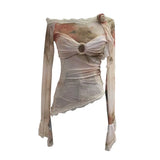 Real Shooting Lace Splicing Oblique Shoulder Thin Tie-Dye Mesh T-Shirt Girl T-Shirt T-Shirt Shawl T-Shirt