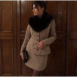 Fur Collar Coat And Mini Skirt Set- Outfit