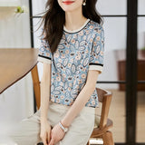 Shot Jacket Female Round Collar Short Sleeve 2025 Summer New Show Thin Print Simulation Silk Zou Temperament Half Sleeve