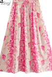 Print Long Skirts For Women Fashion 2023 Pink Floral Skirt Woman Fashion High Waist Midi Skirt Sets Pleated Summer