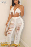 Two PIeces Set Sexy Knitted Halter V-Neck Lace Up Backless Tassel Skinny Crop Tops + Hollow Out Pants Streetwear