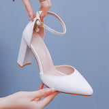 7 Cm Thick Heel Sharp-Headed Hollow Sandals Spring Square Side Light Women's Shoes White Buckle Bride High