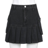 Mall Goth Y2K High Waist Jean Skirts E-girl Aesthetics Black Denim Pleated Skirts with Big Pockets Grunge Punk