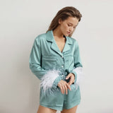 Blue long-sleeved shirt top + shorts two-piece suit casual pajamas women's home service fashion women's feather