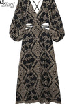 Cut Out Black Long Dress Women Embroidery Backless Dress Woman Puff Sleeve Vintage Gothic Dress 2023 Midi Summer