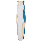 Women Fashion Sleeveless Color Block Patchwork Slim Bodycon Split Long Dress Sundress 2021 Female Clothing