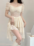 Sexy Sweet Lace A-Line Dress See Through Slim Square Collar Puff Sleeve Mini Dresses For Women 2022 Summer Fashion