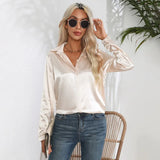 Autumn Satin Shirt Women V Neck Long Sleeve Office Shirt Blouses Ladies Black White Silk Loose Shirts For