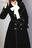 Spring Autumn Long Black Velvet Trench Coat for Women with Gold Trim Sashes Double Breasted Luxury Designer Fashion