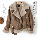 Winter New Women's Double-Sided Fur Integrated Suede Motorcycle Style Jacket Coat