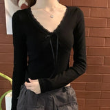 V-Neck Lace Patchwork Floral Long Sleeve TeeOutfit