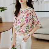 Shot Round Collar Jacket Women's Short Sleeve 2025 Summer New Thin High-End Hemp Print Temperament Five Sleeve