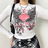 Heart Print 2000s Aesthetic Crop Top T Shirt Women Harajuku Black Long Sleeve T-shirt Ladies Fashion Basic