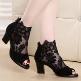 Zingj Plus Size Ebay Mesh High Heels Thick Heel Lace Fish Mouth Female Sandals- Outfit