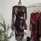 Vintage Tie-Dye Printing Irregular Folded Mesh Yarn Body-Body-Sleeve Dress