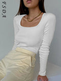 2021 Square Neck Green Long Sleeve T Shirts Women Knitted Autumn Winter Black Basic Ribber White Khaki Top Shirt Casual