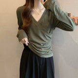 Zingj V-Neck Long-Sleeved T-Shirt Women 2024 New Design Sense Niche Fold Wear Inside With Heavy Bottom Shirt Tide-Outfit