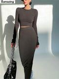 Women Sexy Skirt Set Casual Long Sleeve Top & Slim Midi Skirt Two Piece Set Streetwear Autumn Female