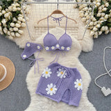 Zingj Vacation Wind Knitting Tie Belt Bikini Suit Female Summer Floret Design Sense Small Minority Milk Sweet Pure Desire Three-Piece