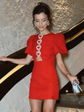 Neck Heart-shape Holllow Out Decor Mini Dress Women Puff Short Sleeve Slim A-line Dresses 2024 Lady High Street
