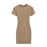 Zingj Trendy Women's Dress With Round Neck And Short Sleeves Is A New Slim And Pure Color Waist-Hip Skirt In