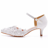 Cm Hollow Sharp Head Sandals In Low-Heeled Mary Jane Sandals White Lace Beaded Wedding Shoes Bridal Wedding