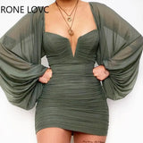 Women V-Cut Lantern Sleeve Ruched Bodycon Dress Casual Dress Summer Mini