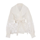 Retro Palace Style Top Autumn 2025 New Organza Lapel Lantern Sleeve Lace Printed Shirt