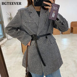 Autumn Winter Vintage Houndstooth Woolen Blazer Jackets for Women Double Breasted Belted Female Outwear with belt