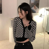 Vintage Black Plaid Knit Sweater Women V-neck Long Sleeve Crop Tops Checkerboard Y2k Ladies Sexy Cardigan