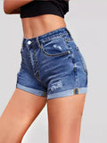 Broken Hole Flip Edge Stretch Denim Shorts Woman-Outfit