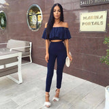 2020 Sexy Off Shoulder Slash Neck Women's Two Piece Suit Bodycon Ruffles Crop Tops High Waist Ladies Pants 2 Piece