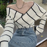 Zingj Girl Cross One Word Shoulder Striped Top Spring New Chic Retro Sexy Off The Shoulder Long Sleeves Show Skinny Knit-Outfit