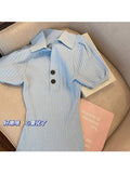 Vintage Knit Dresses V-neck Shorts Sleeve Blue Bodycon Mini Dresses Fashion Sexy Slim Elegant Temperament Vestidos