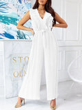 Women Solid Pencil Pants Slim Playsuit Elegant Waist Lace-up Belt Jumper Summer V Neck Ruffles Layered Ladies Office
