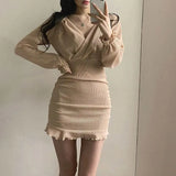 Style Elegant Autumn Mini Bodycon Dress Women Cross V Neck Long Puff Sleeve Pleated Party Dresses Robe Femme