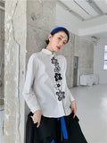 Embroidered Floral White Cotton Button Up Shirt For Women Long Sleeve Designer Top Peter Pan Collar Korean