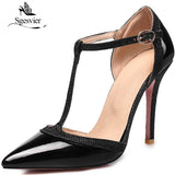 SGESVIER Women Shoes Thin High Heels Pumps Nude Red Shoes Sexy Pointed Toe T-strap Wedding Party Dress Shoes Size 31-47
