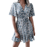 Women Dresses chiffon summer Sexy V Neck Floral Print Boho Beach Dress Short Sleeve A Line Mini Dress Wrap