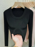 Photos U-neck Knitted Sweater For Women's Autumn Long Sleeved Top Girls Simple Base Jumper