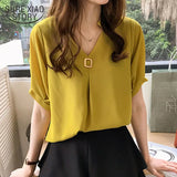 Plus Size Summer Tops Blouse Solid V-neck Short Sleeve Chiffon Blouse Women Elegant Korean Loose Slim New Ladies
